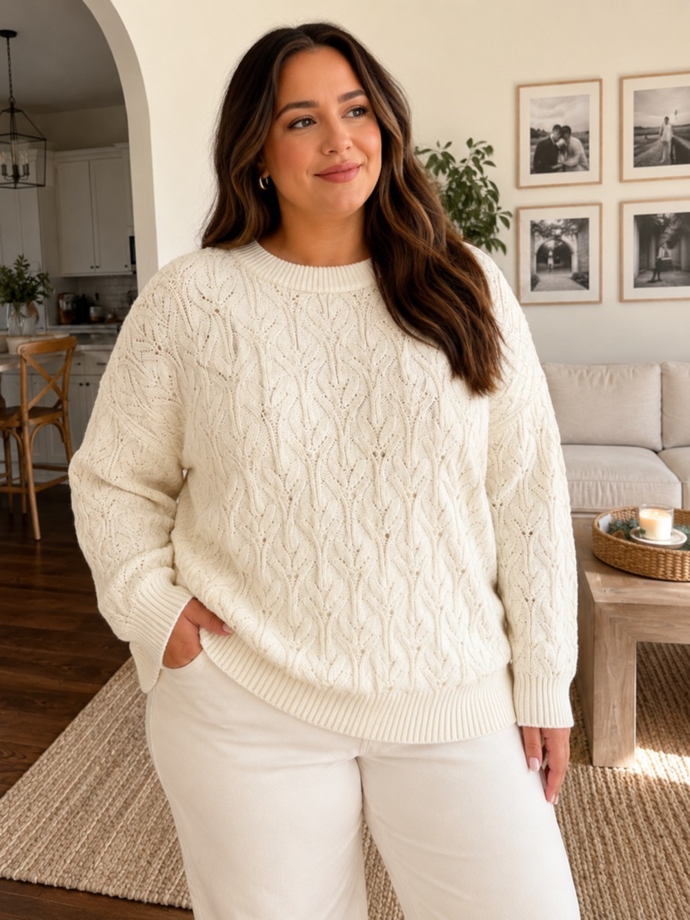 Women's Cream Cable Crewneck Sweater - Classic Pullover